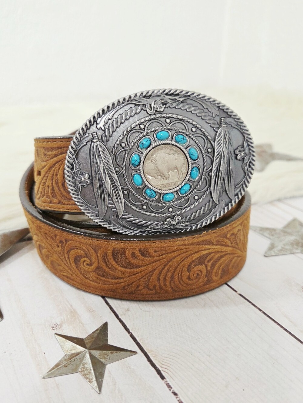 Silver Creek brown tooled western scroll belt buffalo coin turquoise buckle 42